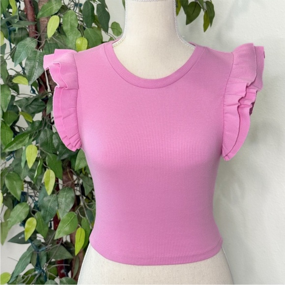 ZARA Ribbed Ruffle Top Pink Size S - Picture 4 of 6